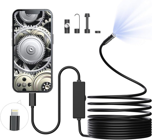 Endoscope Camera with Light, 1920P HD Borescope with 8 Adjustable LED Lights, Endoscope with 16.4Ft Semi-Rigid Snake Cable, 8Mm IP67 Waterproof Inspection Camera,Supports Ios System, Not for Android